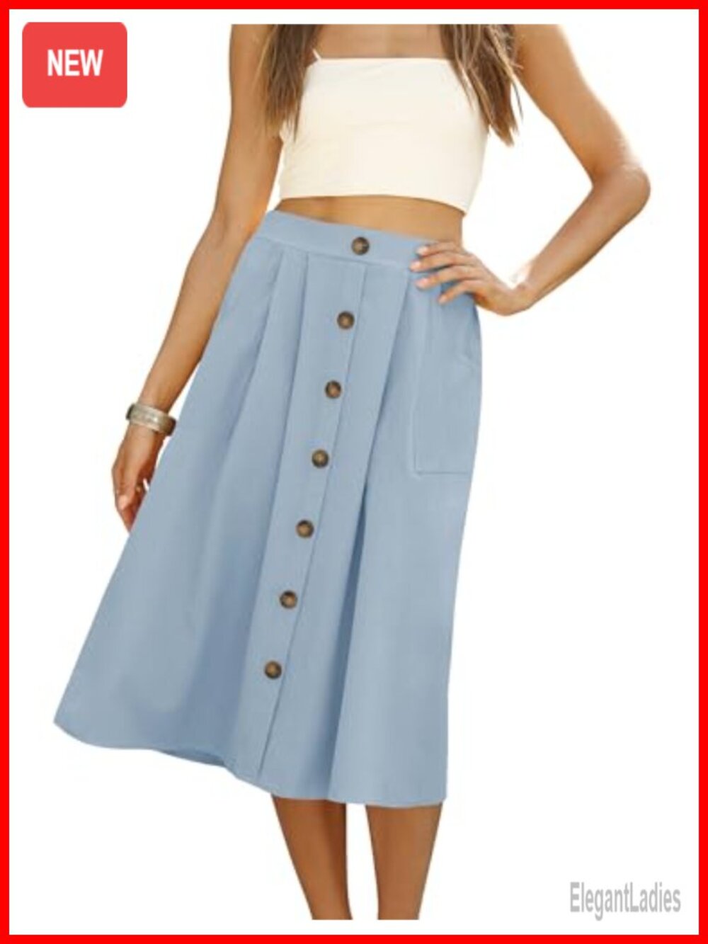 Naggoo Womens Summer Midi Skirt Front Button A-Line High Waisted with Pockets